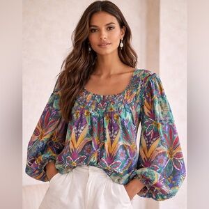 B77. Floral Peasant Blouse - Multicolor